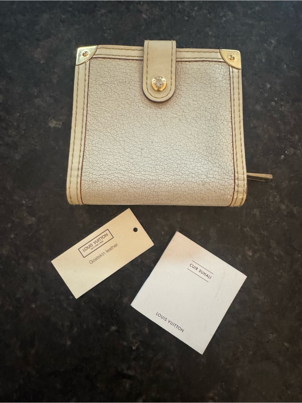 Louis Vuitton Cream Goatskin Leather Bifold Wallet with Gold Accents